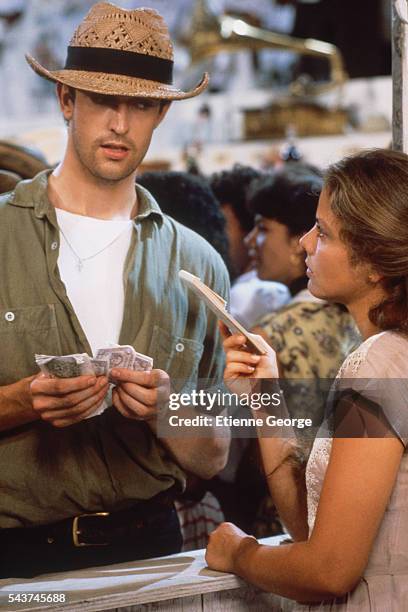 Italian actress Ornella Muti and British actor Rupert Everett on the set of the film "Chronicle of a Death Foretold," directed by Italian director...