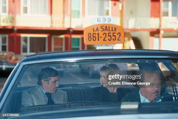 Actors Angie Dickinson and Lino Ventura on the set of the film "L' Homme en colere", directed by French director Claude Pinoteau.