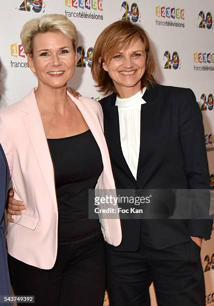 Journalists /presenters Nathalie Rihouet and Valerie Maurice attend France Television presents its programs 2016-2017 at France Television studios on...