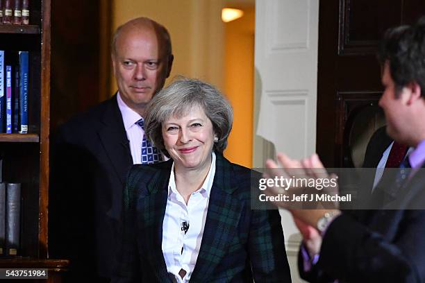 Home Secretary Theresa May is greeted before speaking to launch her bid to become the next Conservative party leader as Chris Grayling, Lord...