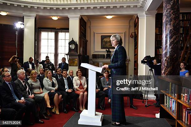 Home Secretary Theresa May speaks as she launches her bid to become the next Conservative party leader at RUSI Whitehall on June 30, 2016 in London,...