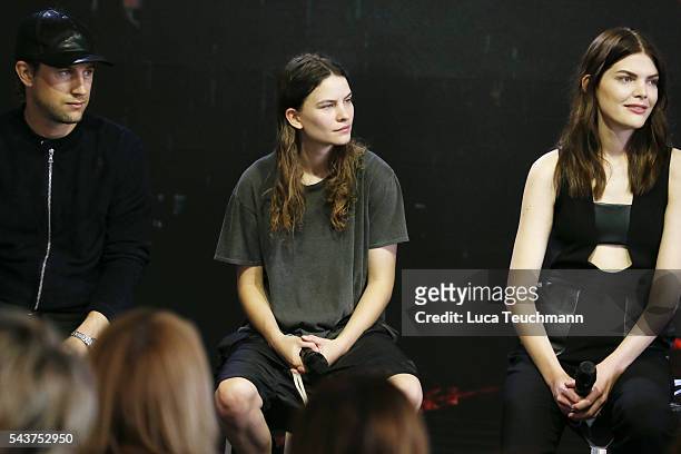 Swedish director Christian Larson, Eliot Paulina Sumner, daughter of singer Sting, and Lucie Von Alten attend the Mercedes-Benz Fashion Talk during...