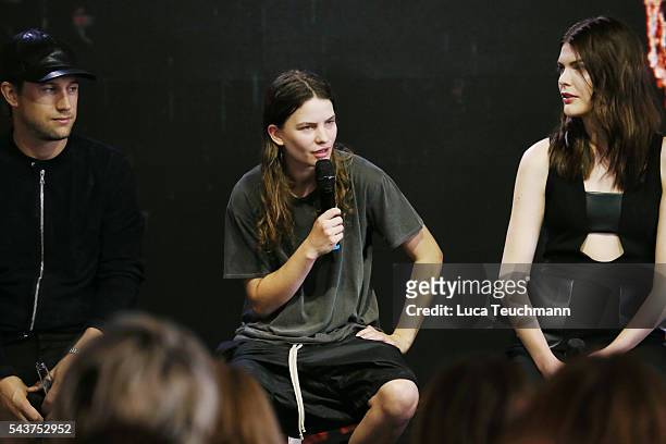 Swedish director Christian Larson, Eliot Paulina Sumner, daughter of singer Sting, and Lucie Von Alten attend the Mercedes-Benz Fashion Talk during...