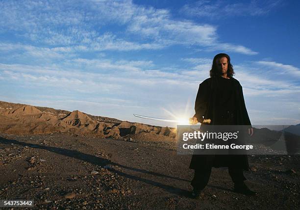 American-born actor Christopher Lambert on the set of "Highlander II: The Quickening", directed by Russell Mulcahy.