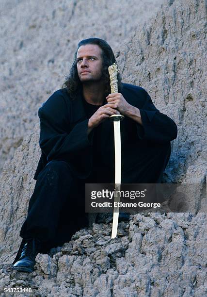 American-born actor Christopher Lambert on the set of "Highlander II: The Quickening", directed by Russell Mulcahy.