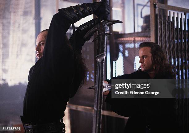 Actors Michael Ironside and Christopher Lambert on the set of "Highlander II: The Quickening", , directed by Russell Mulcahy.