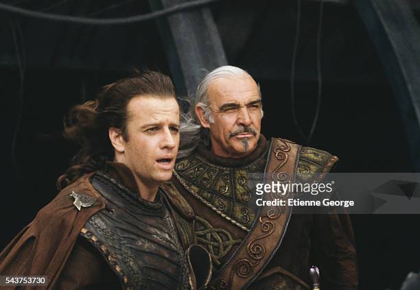 Actors Christopher Lambert and Sean Connery on the set of "Highlander II: The Quickening", directed by Russell Mulcahy.