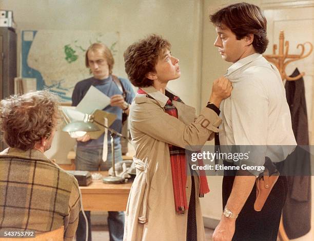 French actors Marlène Jobert, Patrick Bouchitey and Etienne Chicot on the set of "Une sale affaire", directed by Alain Bonnot.