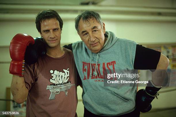 Actors Christopher Lambert and Philippe Noiret on the set of "Max et Jeremie" , directed by Claire Devers.