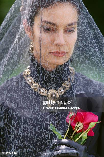 French actress Anne Parillaud on the film set of "The Man in the Iron Mask", directed by American director Randall Wallace and based on the novels...