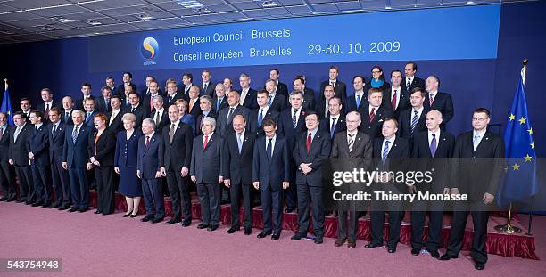 Leaders are posing during a group photo at an EU summit in Brussels, Thursday Oct. 29, 2009. Front row left to right, European Union Foreign Policy...