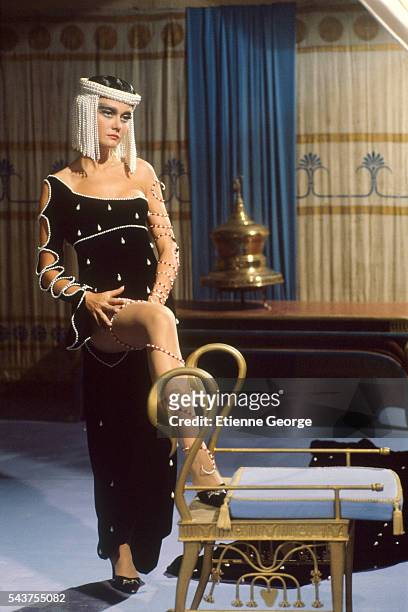 French actress Mimi Coutelier on the set of the film "Deux Heures Moins le Quart avant Jesus-Christ" , directed by French director and actor Jean...