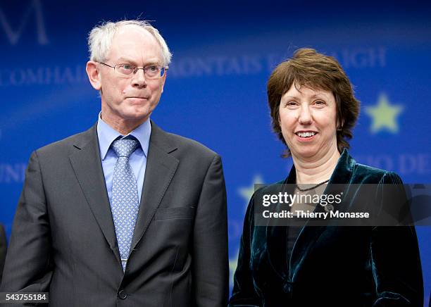 Belgian Prime Minister Herman VAN ROMPUY and European Trade commissioner Catherine ASHTONE pictured during a press conference as Van Rompuy was...