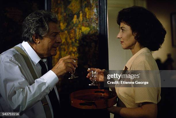 Spanish actress Marisa Paredes and Italian actor Marcello Mastroianni on the set of Tres Vidas E Uma So Morte , directed by Chilean director Raoul...