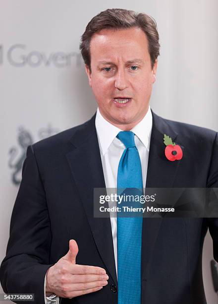 British Prime Minister First Lord of the Treasury, & Minister for the Civil Service David William Donald CAMERON talks to media at the end of an EU...