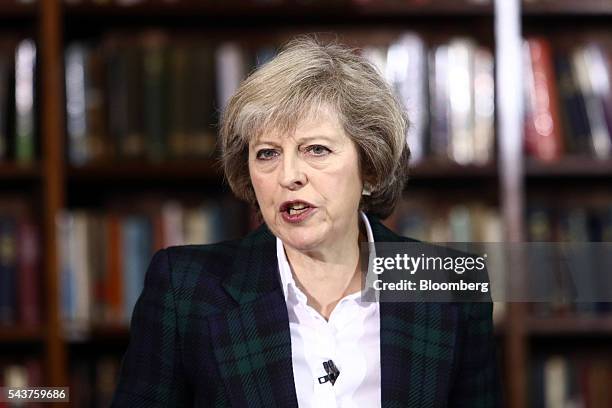 Theresa May, U.K. Home secretary, speaks during a news conference to announce her Conservative party leadership bid in London, U.K., on Thursday,...