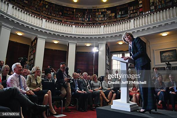 Home Secretary Theresa May speaks as she launches her bid to become the next Conservative party leader at RUSI Whitehall on June 30, 2016 in London,...