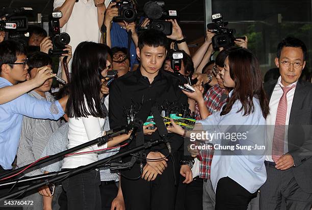 Pop Star Park Yoo-Chun arrives at the Gangnam Police Station on June 30, 2016 in Seoul, South Korea. Park Yoo-chun, a member of popular K-pop boy...