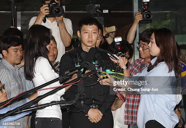 Pop Star Park Yoo-Chun arrives at the Gangnam Police Station on June 30, 2016 in Seoul, South Korea. Park Yoo-chun, a member of popular K-pop boy...