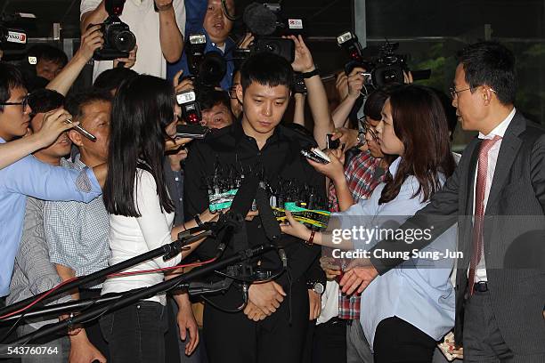 Pop Star Park Yoo-Chun arrives at the Gangnam Police Station on June 30, 2016 in Seoul, South Korea. Park Yoo-chun, a member of popular K-pop boy...