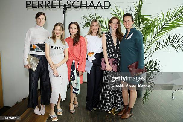 Fritzi Haberlandt, Aino Laberenz, Hannah Herzsprung, Nele Mueller-Stoefen, Julia Malik and Saralisa Volm attend the Perret Schaad show during the...