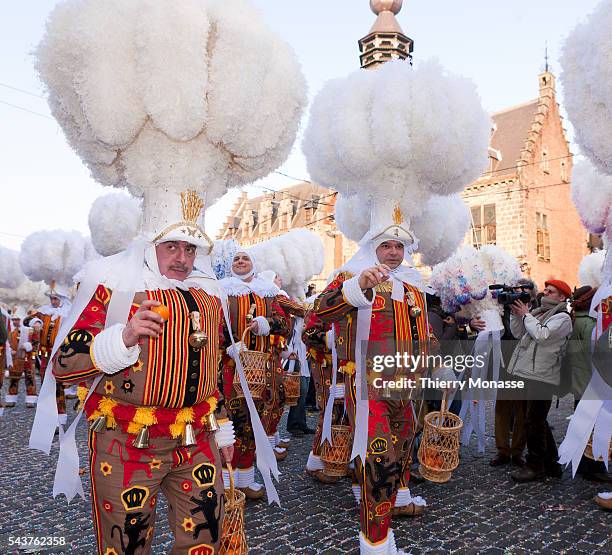 Binche, Hainaut, Belgium, March 8; 2011. -- Some Gille de Binche, parade during the famous carnival of Binche's traditional carnival on Mardi Gras...