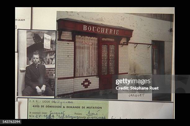 Photo of Aime Jacquet & photo of his parents' butcher shop at Sail-sous-Couzan.