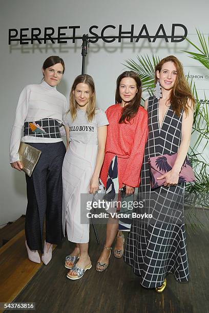 Fritzi Haberlandt, Aino Laberenz, Hannah Herzsprung and Julia Malik attend the Perret Schaad show during the Mercedes-Benz Fashion Week Berlin...