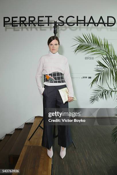 Fritzi Haberlandt attends the Perret Schaad show during the Mercedes-Benz Fashion Week Berlin Spring/Summer 2017 at Stage at me Collectors Room on...