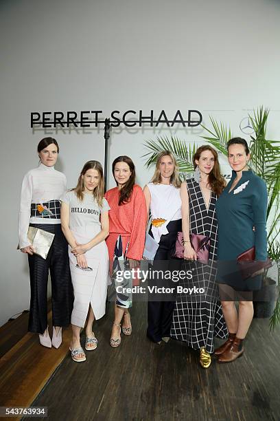 Fritzi Haberlandt, Aino Laberenz, Hannah Herzsprung, Nele Mueller-Stoefen, Julia Malik and Saralisa Volm attend the Perret Schaad show during the...