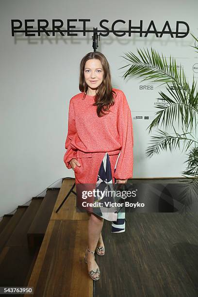 Hannah Herzsprung attends the Perret Schaad show during the Mercedes-Benz Fashion Week Berlin Spring/Summer 2017 at Stage at me Collectors Room on...