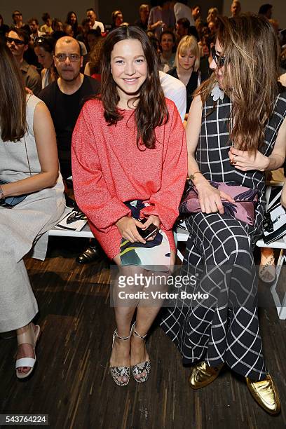 Hannah Herzsprung and Julia Malik attend the Perret Schaad show during the Mercedes-Benz Fashion Week Berlin Spring/Summer 2017 at Stage at me...