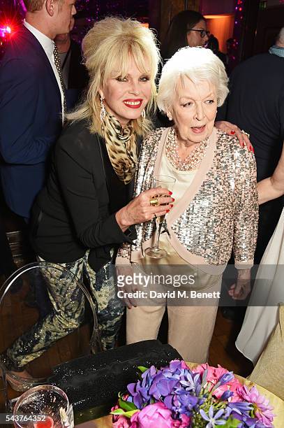 Joanna Lumley and June Whitfield attend the World Premiere after party of "Absolutely Fabulous: The Movie" at Liberty on June 29, 2016 in London,...