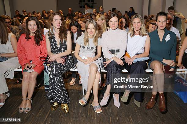 Model poses at the Perret Schaad show during the Mercedes-Benz Fashion Week Berlin Spring/Summer 2017 at Stage at me Collectors Room on June 30, 2016...