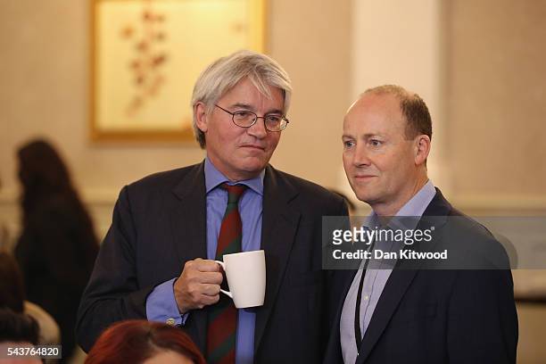 Andrew Mitchell MP is seen with a cup of tea before Former London Mayor and Conservative MP Boris Johnson speaks and rules himself out of becoming...