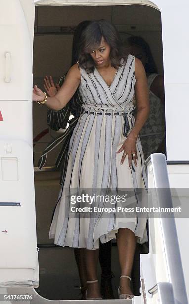 First Lady Michelle Obama arrives at Torrejon Air Force Base on June 29, 2016 in Madrid, Spain. The First Lady will deliver a speech on Let Girls...