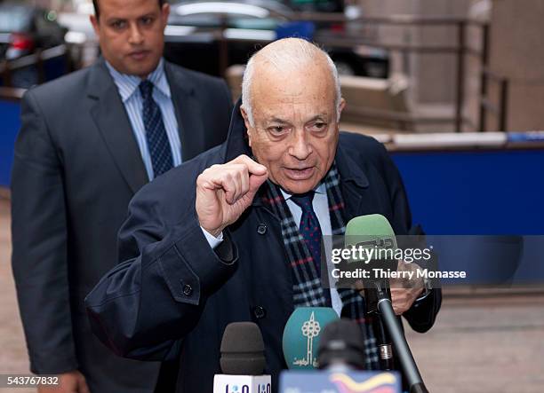 Brussels, Belgium, December 1; 2011. -- Arab League Secretary General Nabil AL-ARABI talks to media as he arrives at the EU headquarters in Brussels...