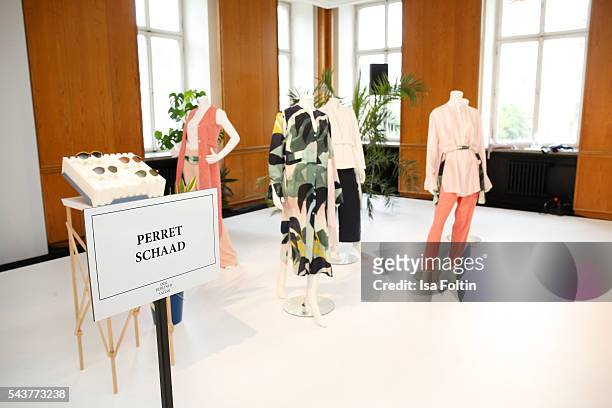 Perret Schaad booth at the group presentation during the Der Berliner Mode Salon Spring/Summer 2017 at Kronprinzenpalais on June 29, 2016 in Berlin,...