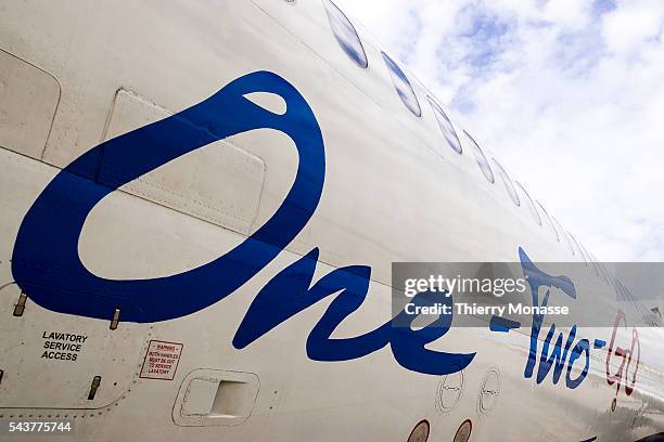 Hat Yai, Songkhla, Thailand, August 4; 2007. -- Logo of One-Two-Go airline on a McDonnell Douglas MD-80. One-Two-GO Airlines was a low-cost airline...