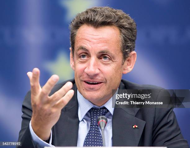 French President Nicolas Sarkozy and the President of the Eurogroup, Prime Minister Jean-Claude Juncker of Luxembourg give a press conference after...