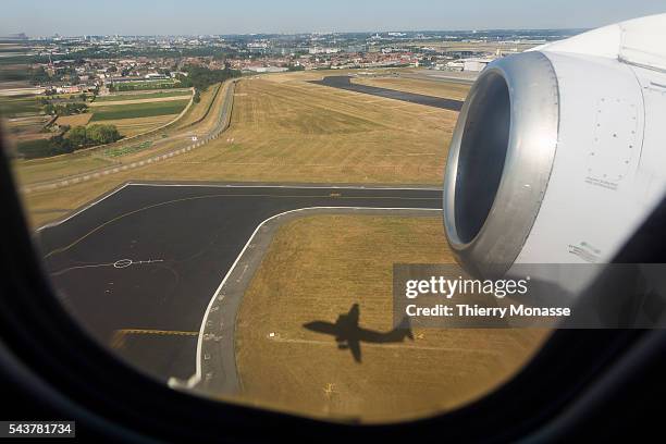 Brussels, Belgium, July 10, 2015. -- An Avro RJ100 is taking off in Zaventem airport.