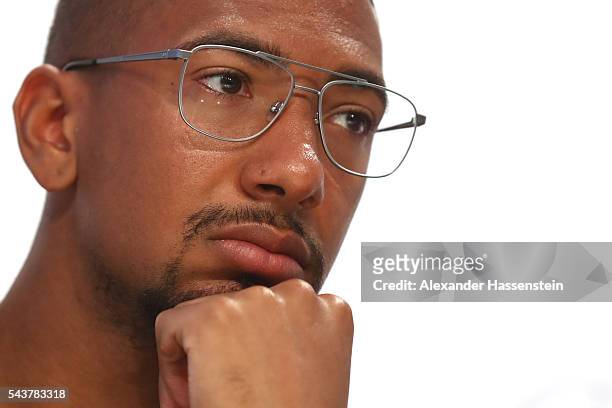 Jerome Boateng of Germany looks on during a Germany press conference at Ermitage Evian on June 30, 2016 in Evian-les-Bains, France.