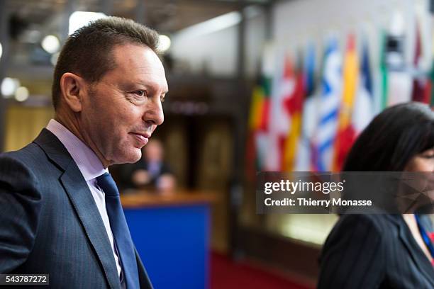 Brussels, Belgium, March 24, 2013. -- Greece Minister of Finance Ioannis STOURNARAS is talking to media prior an extraordinary Euozone Ministers...