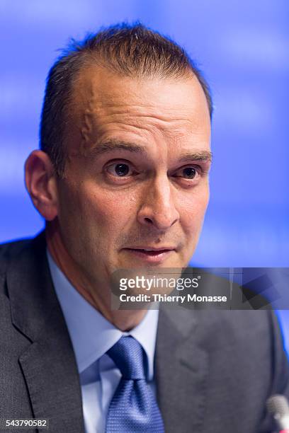 Brussels, Belgium, May 17, 2013. -- CEO of the U.S. Anti-Doping Agency Travis TYGART is tailing to media during a media briefing in the EU Council...