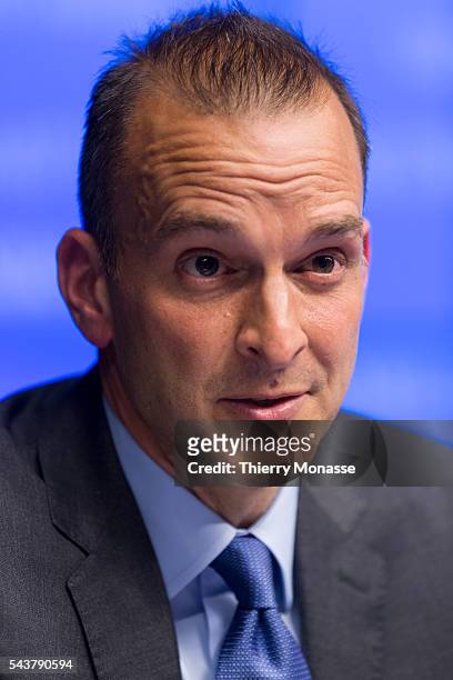 Brussels, Belgium, May 17, 2013. -- CEO of the U.S. Anti-Doping Agency Travis TYGART is tailing to media during a media briefing in the EU Council...