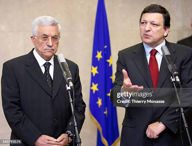Palestinian leader Mahmoud Abbas and European Commission Chairman Jose Manuel Barroso hold a press briefing after a bilateral meeting at EU...