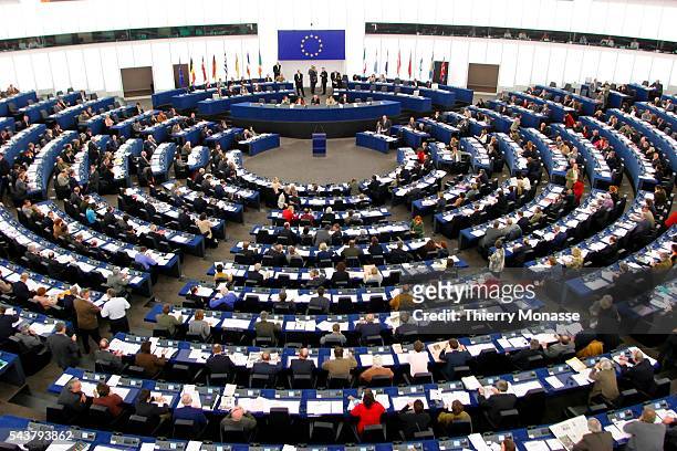 Ministers attend a sitting in the central conference room at the European Parliament building in Strasbourg.