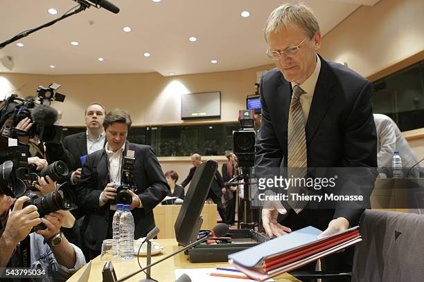 New incoming European commissioner for science and research, Slovenian Janez Potocnik, delivers a speech at the beginning of the hearing at the...