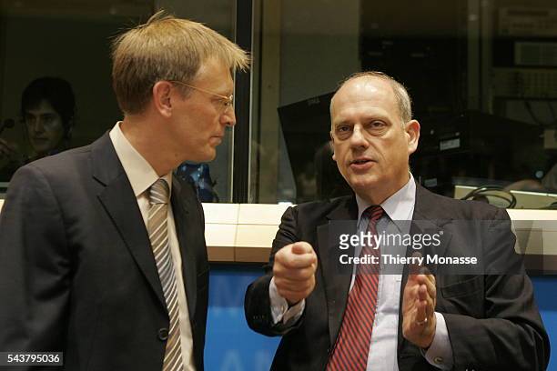 New incoming European commissioner for science and research, Slovenian Janez Potocnik talks with the chairman of the committee on industry, research...