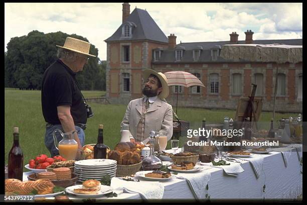French actor Regis Royer and director, screenwriter and actor Roger Planchon on the set of Planchon's film Lautrec.